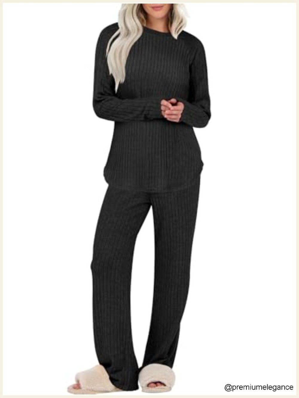 Womens 2 Piece Lounge Pajama Sets Casual Ribbed Crew Neck Long Sleeve Sleepwear